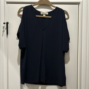 Michael Kors Blue Round Neck Short Sleeve Cut Out Blouse